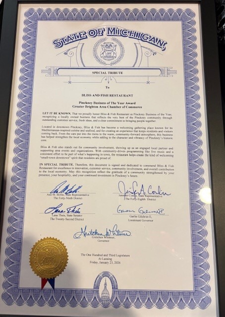 Bliss & Fish In Downtown Pinckney Named 2025 "Business Of The Year"