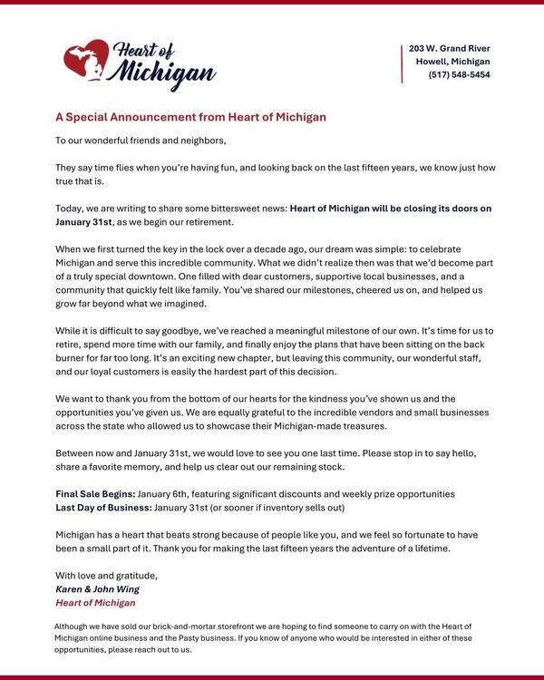 Heart of Michigan Closing Jan. 31, Owners Retiring