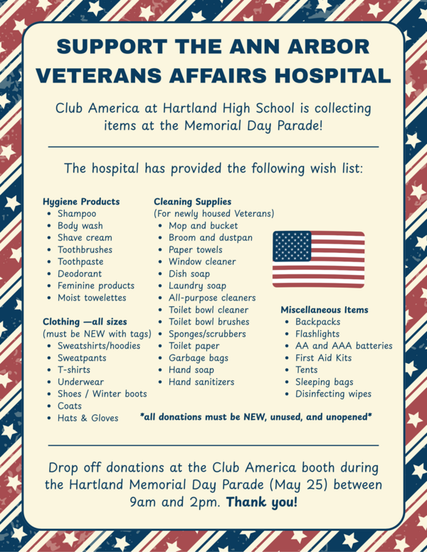 Hartland's Club America Collecting Items for Ann Arbor VA Hospital