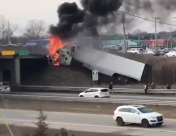 Truck Crashes Into Owen Road Bridge & Catches Fire