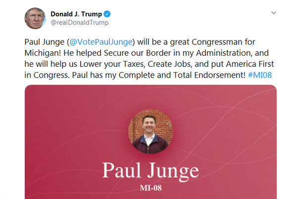 Junge Gets Tweet Endorsement From President Trump