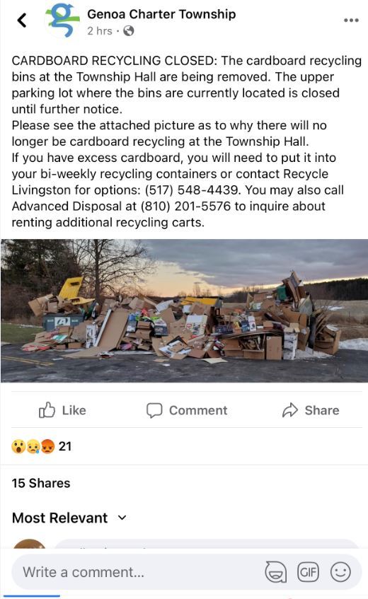 Cardboard Recycling Bins At Genoa Township Hall Being Removed