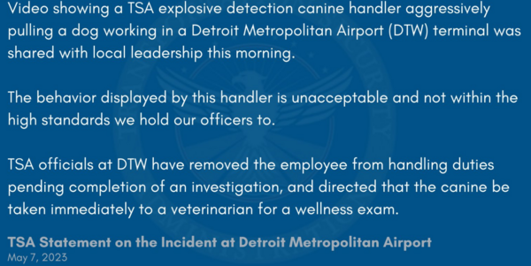 TSA Agent Accused of Mishandling Working Dog at DTW