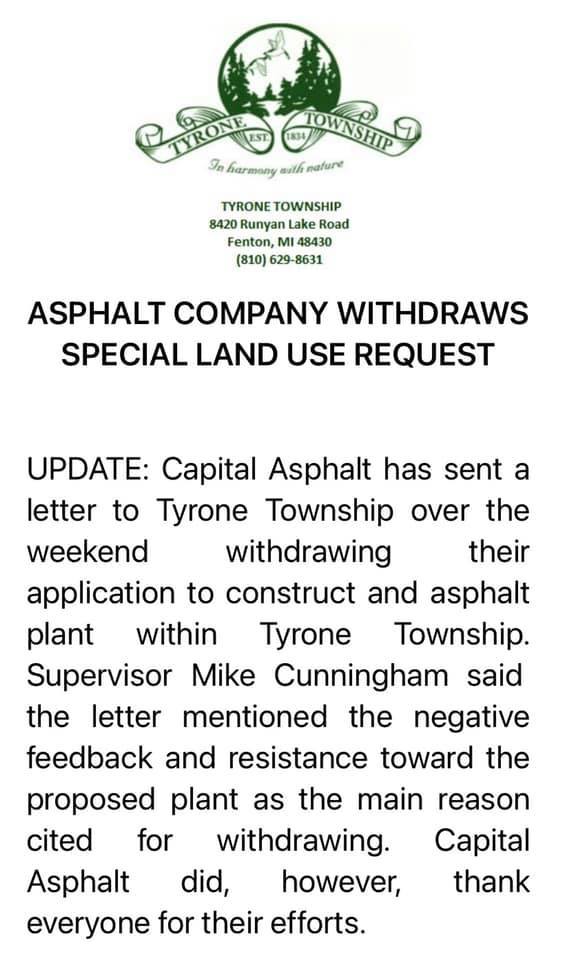 Applicant Withdraws Plan to Build Asphalt Plant In Tyrone Township