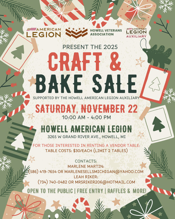 HVA and Howell American Legion Auxiliary Unit 141 Craft and Bake Sale in November